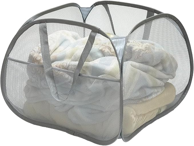 Collapsible Pop-Up Mesh Laundry Hamper Basket, 90L Large Square with Wide Opening, Sturdy Handles & Side Pocket, Foldable, Breathable, Space-Saving for Laundry, Storage, Camping, Travel (Gray)