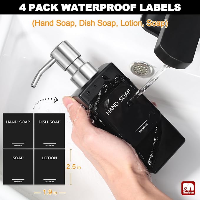GMISUN Black Soap Dispenser, Hand Soap Dispenser Bathroom, 12 fl oz/350ml Glass Soap Dispensers with Stainless Steel Pump, Refillable Liquid Dish Dispenser for Kitchen, Modern Soap and Lotion Bottles