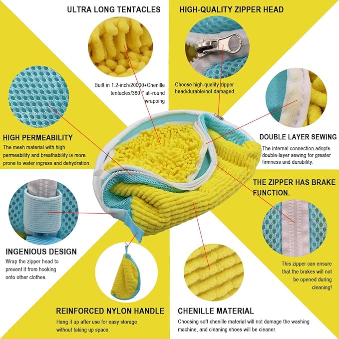 Shoe Washing Machine Bag,Blue and white stripes Mesh Shoe Washing Bag for Washing Machine - Large Size Fits various Shoes, Chenille Fabric Protection, Zipper Laundry Bag for Sneakers (2 Pcs) (Yellow)