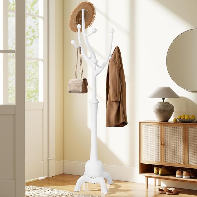 Wooden Coat Rack Freestanding with 8 Hooks, Heavy Duty Coat Hanger Stand with Stable Base, Vintage Coat Tree Standing Coat Racks for Entryway, Hallway, Bedroom (White)