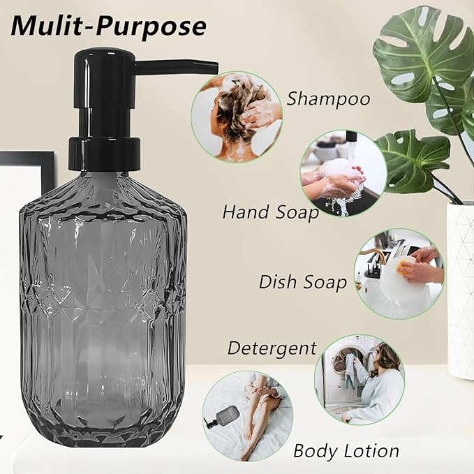 Glass Soap Dispenser with Plastic Pump, 15oz Refillable Glass Liquid Hand Soap Dispenser Set, Lotion Dish Soap Dispensers for Modern Home Decor, Bathroom, Kitchen Countertop, Hotel (Dark Grey)