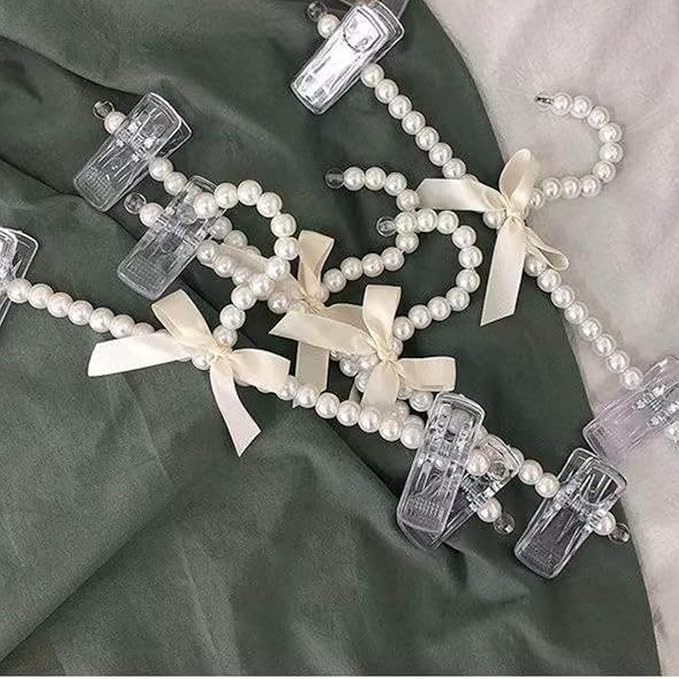 13 inch Pearl Hanger Pants Hangers with Clip,Cute Ribbon Bow Hanger Clip Hangers for Wedding Dress Bride Bridesmaid Lingerie (5, Beige)