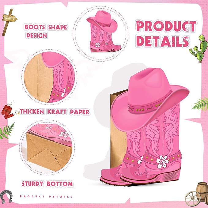 Domensi 8 set Western Cowboy Boots Flower Boxes Centerpiece Boot Shape Box Decorations Western Theme Party Boot Gift for Cowboy Cowgirl Birthday Party Baby Shower Wedding Supplies (Pink,Cute)