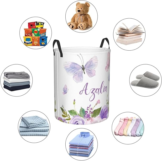 Personalized Laundry Basket for Nursery, Custom Nursery Laundry Hamper with Name, Customize Baby Clothes Circular Hamper for Boys Girls Room Decor, Floral Butterfly Purple