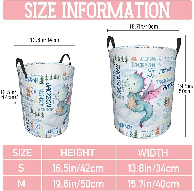 Dragon Laundry Basket,Custom Laundry Hamper with Name,Personalized Dragon Gifts for Boys Girls,Customize Collapsible Laundry Basket for Bedroom Bathroom,S-16.5"x 13.8"