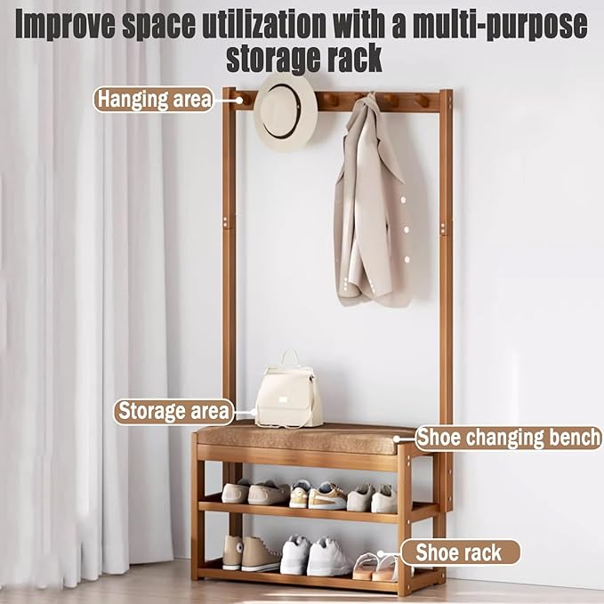 Hall Tree with Bench and Shoe Storage, Coat Rack Freestanding, Coat Hooks and Side Hooks, 5 in 1 Large Organizer, Sturdy Frame WithHooks for Entryway, Hallway(L73*W29CM/L28.7*W11.4IN)