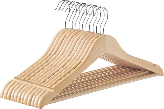 SONGMICS Wooden Hangers, Pack of 12, Coat Hangers, Non-Slip, Pants Bar, 360° Swivel Hooks, for Jackets, Shirts, Coats, Natural Wood UCRW010N12
