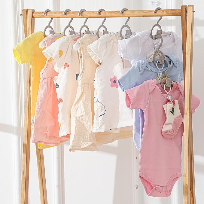 Hsei 30 Pcs Nursery Baby Hangers with 30 Pcs Ring Clips, Adjustable Baby Hangers with Clips, 10-13" Adjustable Children Hanger for Newborn Infant Socks Pants Closet Shirts