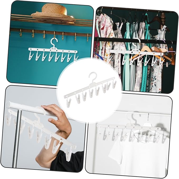 Foldable Windproof Clips Drying Rack for Socks and Underwear, Portable Plastic Hanger with 8 Clips for Laundry and Travel, White