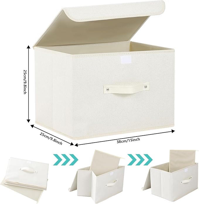 Fabric Storage Bins Cube Organizers with Flip-Top Lid and Handles,Storage Boxes for Organizing Home,Office,and Closet,Beige,5 Pack 15 x 9.8 x 9.8 in
