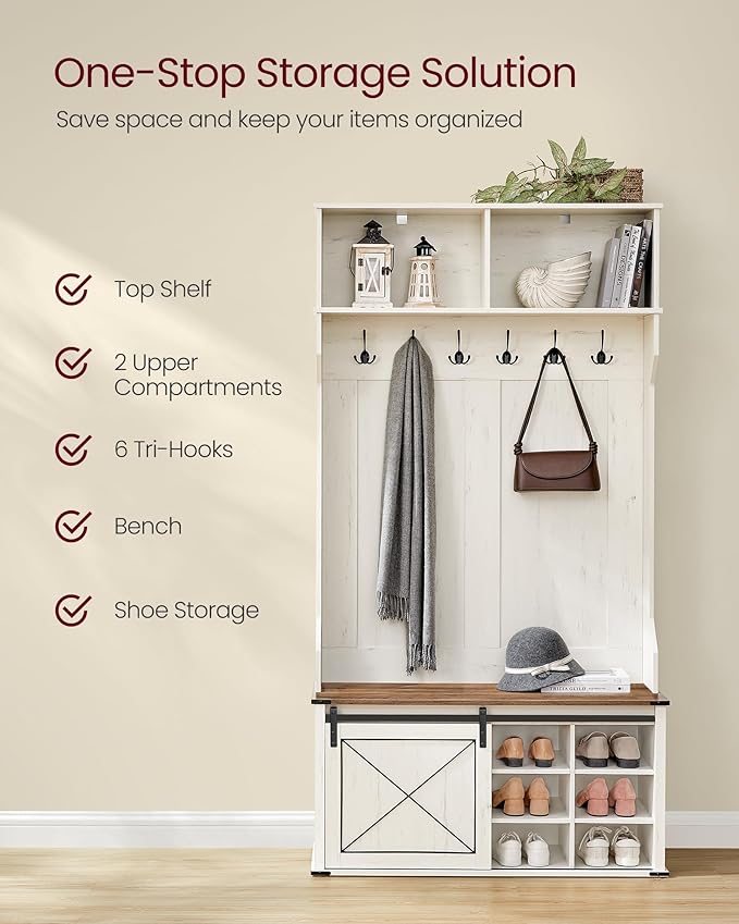 VASAGLE Hall Tree with Bench and Shoe Storage, Coat Rack with Shoe Bench, Entryway Furniture, 6 Tri-Hooks, Sliding Door, Farmhouse Style, Space Saving, Rustic White and Honey Brown UHSR442W01V1