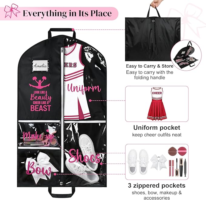 DEEKA Cheer Garment Bag for Hanging Clothes with Zipper Pockets Cheer Accessories Mom Essentials Uniform Costume 40 Inch Black Bags Stuff for Cheerleading Girls (Black,Hot Pink-Cheer Quote)