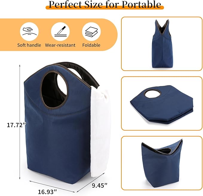 Foldable Storage Hamper Bag with Soft Padded Handle, 17.7x17x9.5inch Multi-Purpose Oxford Fabric Laundry Basket, Collapsible Storage Bag for Home, Bedroom, Dormitory, Travel & Outdoor