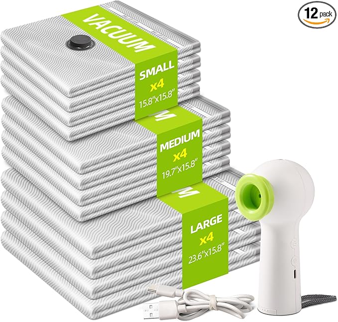 12 Pack Vacuum Bags for Travel with Rechargeable Air Pump Equipped LED Light, Vacuum Storage Bags(4L+4M+4S), 80% Space Saver Vacuum Seal Bags for Blankets, Comforters, Lugggage