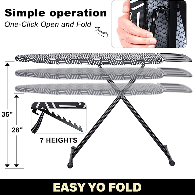 caius Ironing Board, Height Adjustable Heavy Duty Metal Iron Board with Heat Resistant Cover & Safety Iron Rest, Full Size 43"x13" Foldable Space Saver Design, Heavy Duty, Easy to Fold