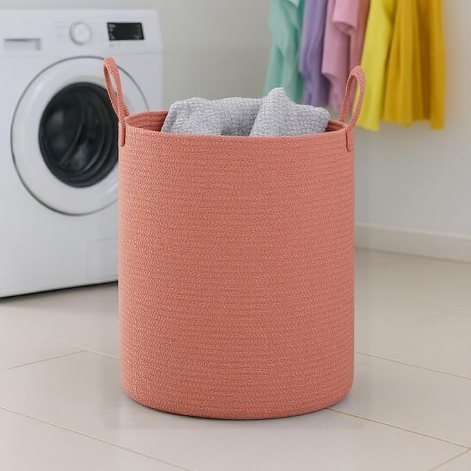 Woven Basket Nursery Laundry Hamper with Handles, Clothes Storage Organizer, Woven Basket for Boy Room Decor, Toy & Blanket Storage Bin, 15x15x18 Inch,Coral Pink,1pc