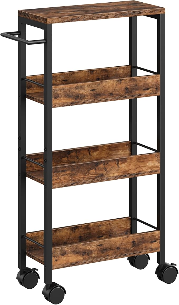 4-Tier Slim Storage Cart, 7.1'' Kitchen Serving Trolley, Slim Rolling Cart with Handle and Guard Rails, Slim Cabinet for Small Spaces, for Dining Room, Rustic Brown and Black TTC02BF