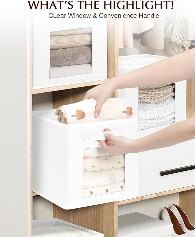 Storage Cube 11 Inch - Cube Storage Bins with Window, Closet Storage Baskets with Handle, Fabric Bins for Closet, Shelves, Toys, Clothes, Set of 10, White