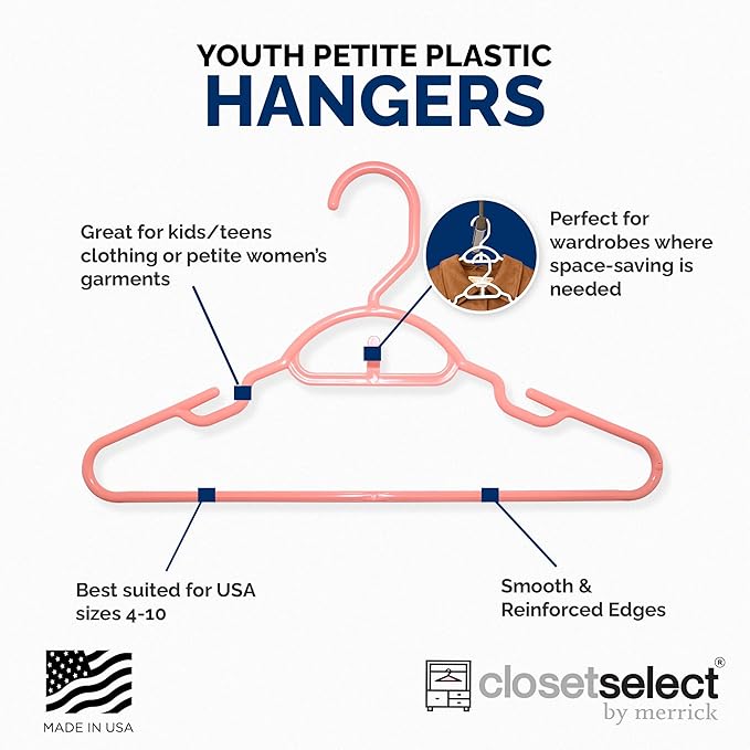 Kids Hangers 30 Pack - 13 Inch Plastic Youth Petite & Childrens Hangers for Closet, Baby Hangers for Children Clothes Sizes 4 to 10, Non-Slip Infant Hangers with Shoulder Grooves | Peach