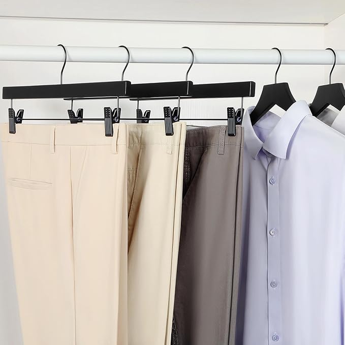 TOPIA HANGER Wooden Pants Hangers 10 Pack, Black Skirt Hangers with Clips and Rotatable Hook, Durable Natural Rubber Wood Organizer for Skirts, Pants, Jeans, Shorts - CTS02B