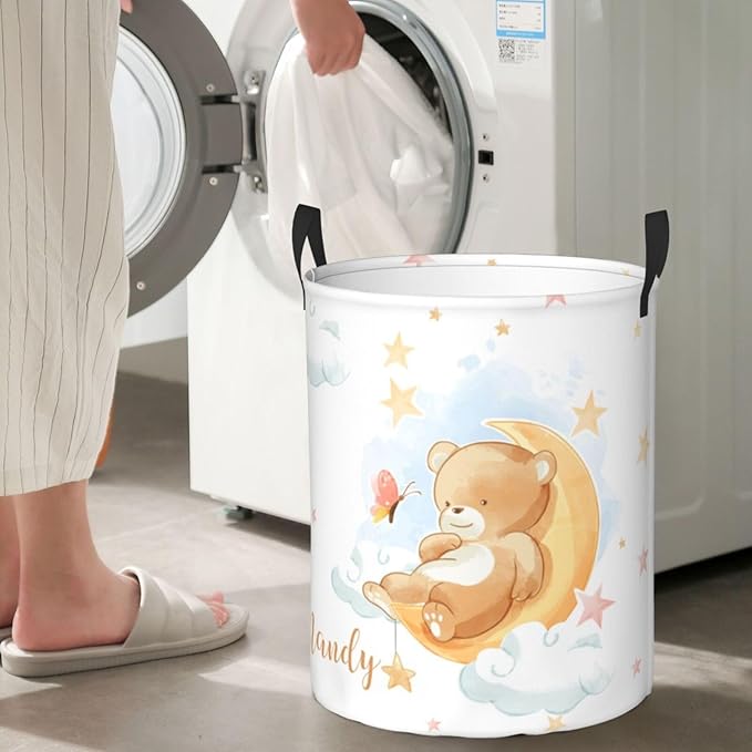 Personalized Laundry Basket for Nursery, Custom Nursery Laundry Hamper with Name, Customize Baby Clothes Circular Hamper for Boys Girls Room Decor, Bear