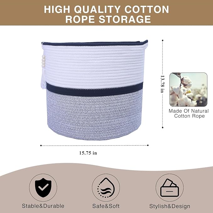 Large Woven Rope Laundry Hamper, Cotton Rope Storage Basket with Handles, Multipurpose Storage Basket for Laundry, Toys, Blankets in Bedroom, Bathroom, Living Room - Stylish & Durable (Black, 55L)
