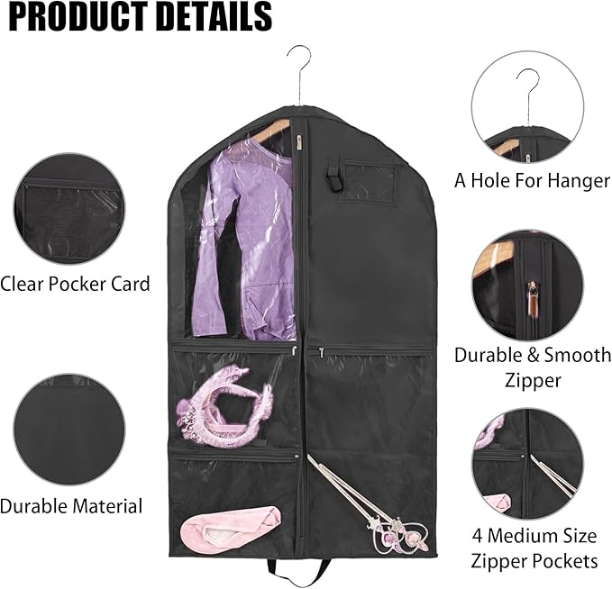 1 Pack Garment Bag for Travel Storage,Dance Costumes Competition Bag,Girls Dress Recital Dance Bag Kids Garment Bags for Hanging Clothes,Clear Cheer Uniform Garment Bag.Black