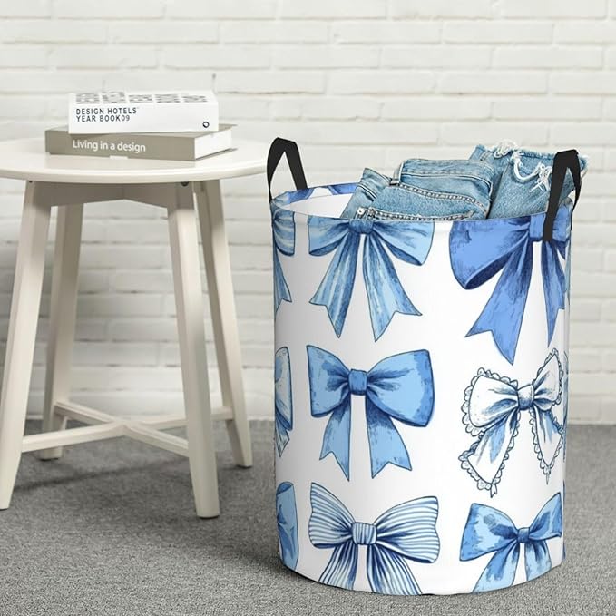 Cute Blue Bow Print Laundry Basket For Storage Bins Gift Baskets Bedroom Clothes Hamper