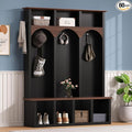 Farmhouse 59" Wide Hall Tree with 5 Black Hooks and Arched Design, Wood Grain Bench with Open Compartments, 4-in-1 Hallway Shoe Cabinet for Mudroom, Living Room (Black-9.9)