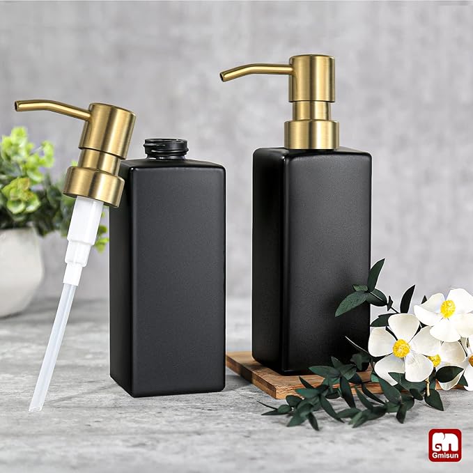 GMISUN Gold Soap Dispenser, Black Soap Dispenser Bathroom with Stainless Steel Pump, Hand and Dish Soap Dispensers Set for Kitchen, 12 fl oz/350ml Glass Liquid Refillable Lotion Dispenser Bottle