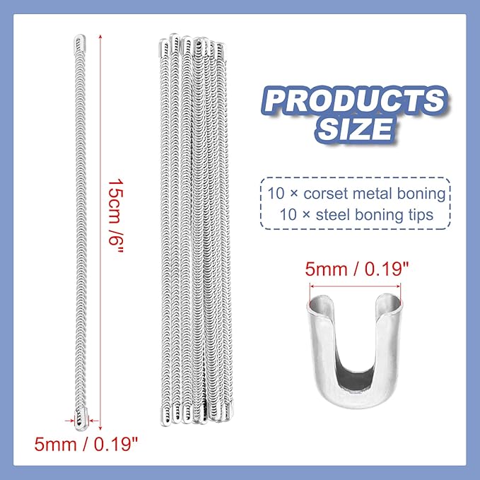 PATIKIL 10 Pcs 6 Inch 304 Stainless Steel Metal Steel Spiral Corset Boning, Metal Boning with 10pcs 5mm Boning Tips for Sewing Corset, Making Costume,Hoop Skirt, Collar (5mm Wide)