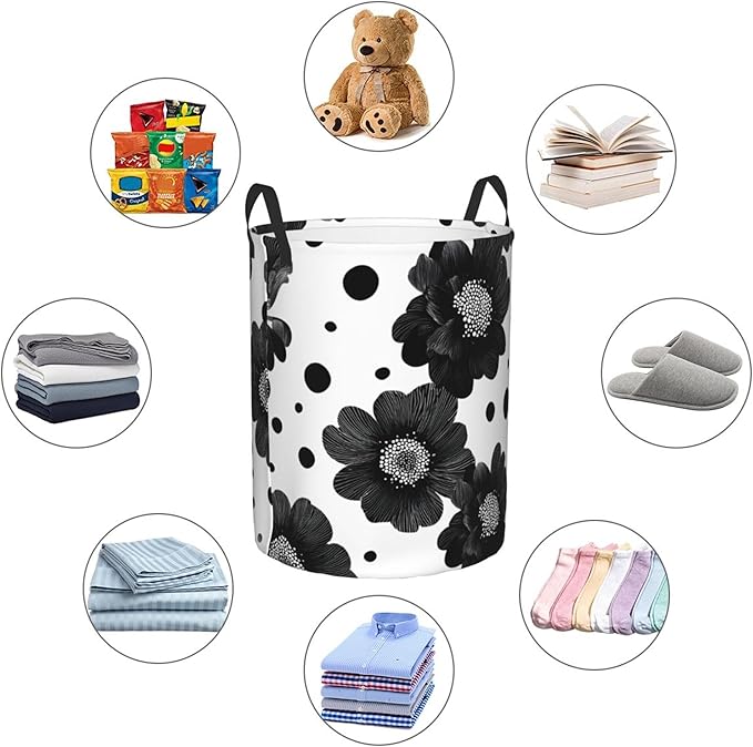 Black Floral Laundry Hamper, Collapsible Storage Basket with Handles for Clothes, Bedroom, Bathroom 19.6 x15.7 Inch