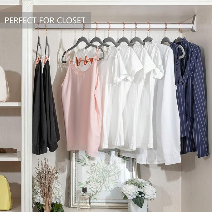 MIZGI Premium Velvet Pants Hangers with Clips (Pack of 20) Slim Skirt Hangers- Non Slip Felt Outfit Dress Hangers Gray - Copper/Rose Gold Hooks,Space Saving Shirt Clothes Hangers