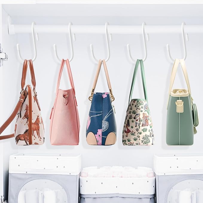 HiGift Purse Hanger for Closet, 8 Pack Unique Twist Design White Vinyl Coated Bag Hooks Organizer Hanging, Large Closet Hooks Purse Organizer Holder for Hanging Purse,Handbag,Belt,Hat,Backpack,Jeans