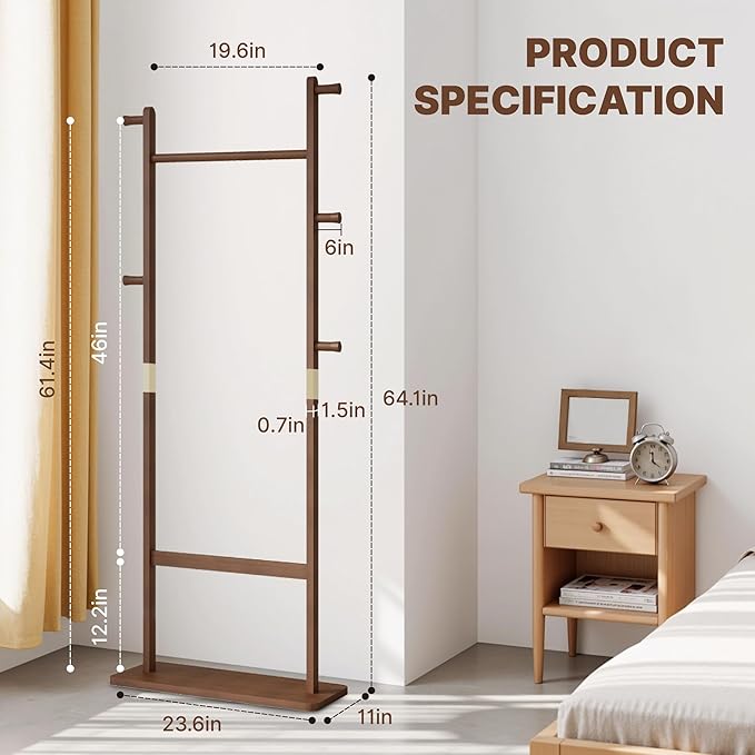 CHANCEE Solid Wood Coat Rack, Freestanding Clothes Rack with Shoe Storage, Heavy-Duty Hall Tree with 5 Hooks, Corner Coat & Hat Stand for Bedroom, Entryway, Living Room, Hotel