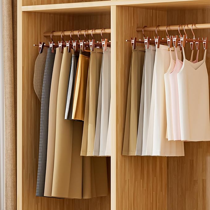 Matte Rose Gold Aluminum Pants Hangers 10 Pack, Lightweight Skirt Hangers with 360°Swivel Hooks and Non-Slip Adjustable Clips for Trousers, Skirts, Jeans, Kids & Adults, Durable, Space-Saving