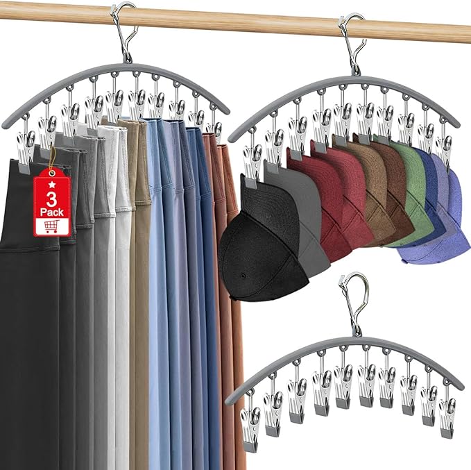 3 Pack Hat Hangers for Closet Display, Metal Hat Organizer for Baseball Caps with 30 Clips, Hats Rack Holder for Closet, Hats Storage for Baseball Caps Beanie Accessories Men Women, Grey