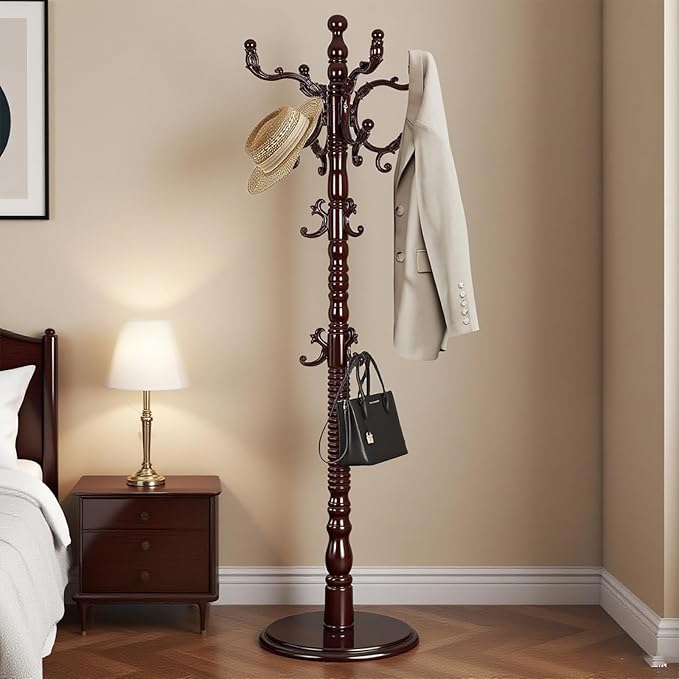 Free Standing Coat Rack with 14 Hooks, Vintage Wooden Coat Tree, Adjustable Height 73 Inches, Retro Coat Stand for Entryway, Living Room, Office & Bedroom (Mahogany) (Walnut, 1 PCS)