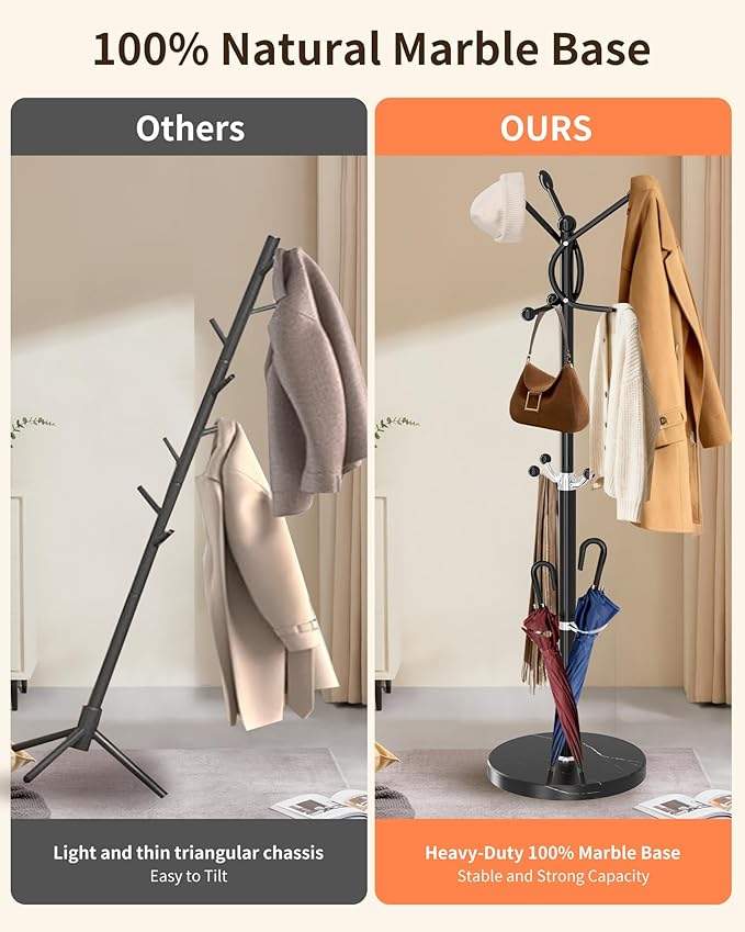 ZOZOE Metal Coat Rack Stand, Modern Coat Rack Freestanding with Natural Marble Base, Sturdy Coat Racks with 10 Hooks & Umbrella Holder,Black Coat Tree Hanger Stand for Bags,Hats,Entryway,Office
