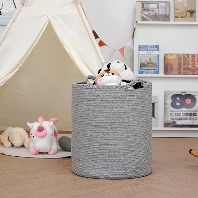 90L Oversize Woven Laundry Basket,Cotton Tall Laundry Hamper for Blankets,Clothes,Pillows,Toys,Shoes Large Laundry Bin Grey