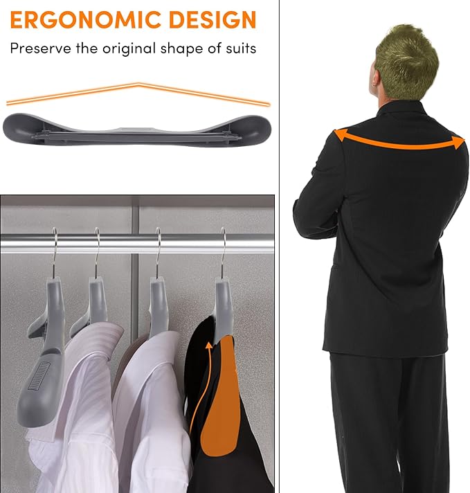 DEDU Suit Hangers for Men 20 Pack, Grey Coat Hangers Extra Wide Non Slip Width 17.7", Thick Plastic with Pants Bar & Metal Hook