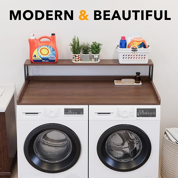 SpaceAid 2-Tier Washer Dryer Countertop, Laundry Topper with Rack Shelf 54" Width x 27.5" Depth x 10" Height Organizer Cover for Washer and Dryer Laundry Hamper Counter Storage (Brown Wood)