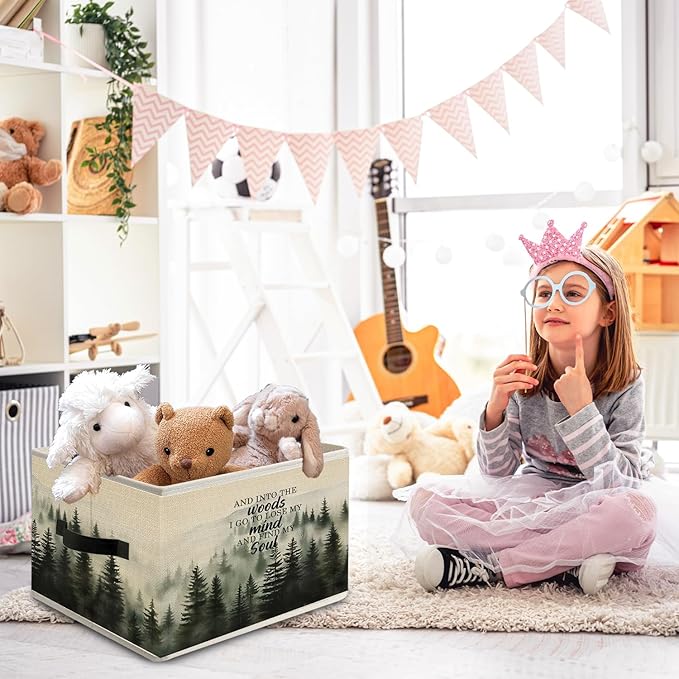 Foggy Misty Nature Forest Storage Bin Box with Handles, and into the Woods I Go to Lose My Mind Find My Soul Foldable Organizer Basket Toybox for Bedroom Bathroom Clothes Toys Books