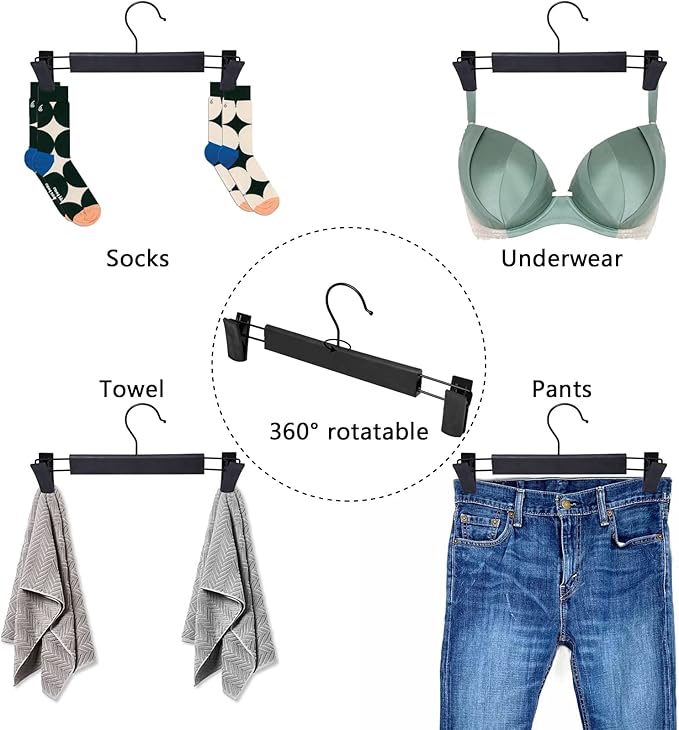 NORTHERN BROTHERS 30 Pack Plastic Pants Hangers with Clips, Adjustable Non-Slip Skirt Hangers for Women, Closet Hangers for Trousers & Shorts, Black