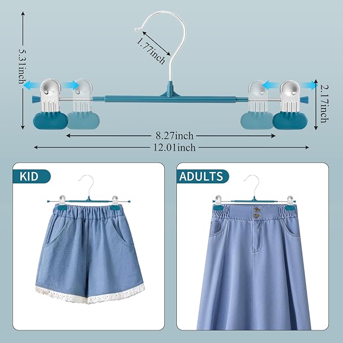 Clothes Pants Hangers with Wide Clips 20 Pack,Non-Slip Adjustable Skirt Hanger for Women,Space-Saving Heavy Duty Men Hangers for Pants,Trousers,Jeans,Shorts 12Inch Blue
