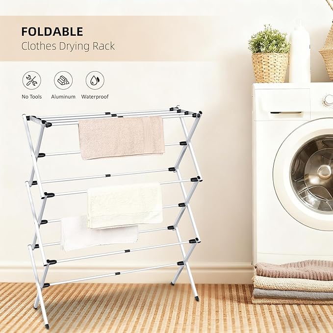 Foldable Clothes Drying Rack, Collapsible Laundry Drying Rack for Air Drying Clothing, Space-Saving Design for Indoor Outdoor Drying Rack Clothing (White)