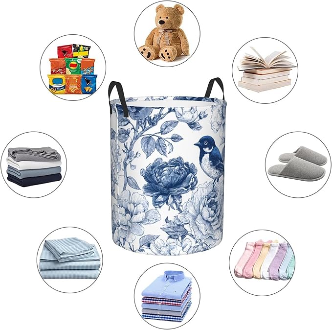 Blue Floral Bird Pattern Laundry Hamper, Collapsible Storage Basket with Handles for Clothes, Bedroom, Bathroom 19.6 x15.7 Inch
