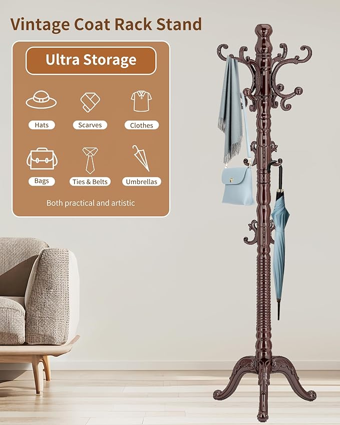 Wooden Coat Rack Stand, Solid Wood Freestanding Coat Rack, Vintage Coat Racks with 14 Hooks & Triangle Base, Standing Coat Hanger Jacket Tree Stand for Office, Entryway, Hallway