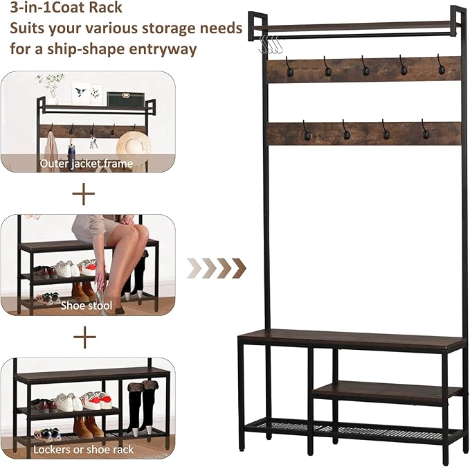 Corner Coat Rack, Corner Hall Tree with Bench and Shoe Storage, Industrial coat rack with storage and 14 Hooks for Entryway Hallway Bedroom (Hall Tree Entryway)