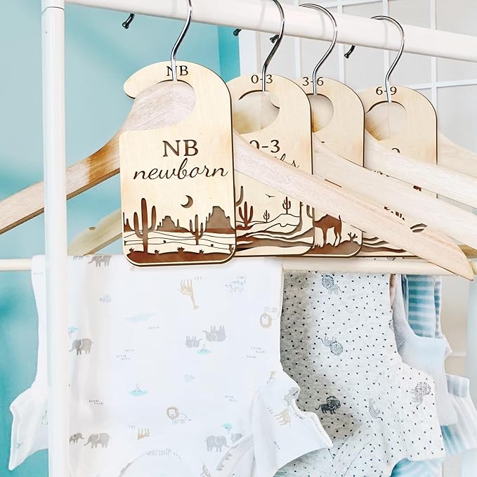 CRASPIRE 10Pcs Desert Wood Baby Wardrobe Dividers Nursery Decor from Newborn to 36 Month Closet Organizers Camel Pattern Hanger Seperaters Baby Nursery Wardrobe Hangers Divider for Newborn Shower
